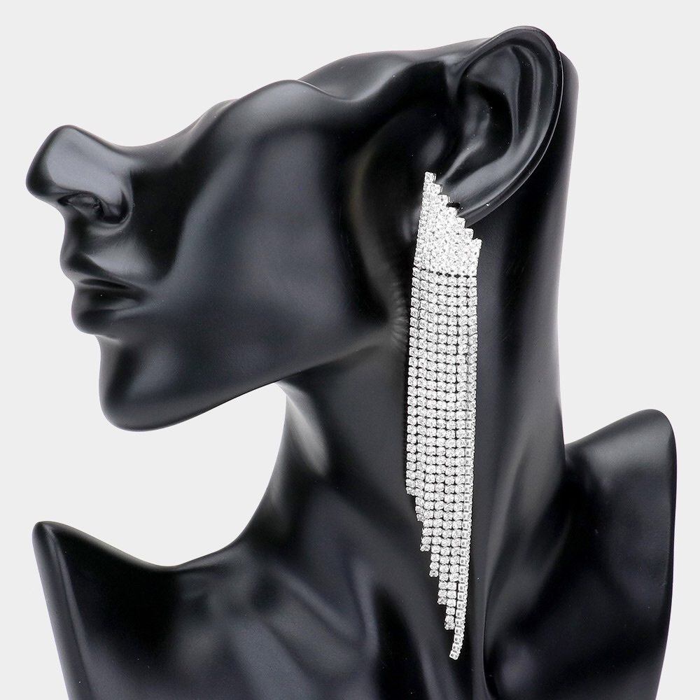 Long Gold & Silver Rhinestone Pave Long Drop Evening Dangle Statement Earrings